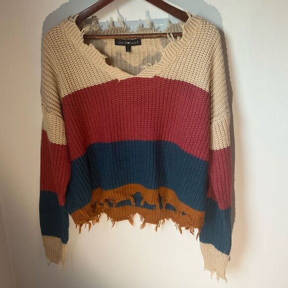Derek Heart Colorblock Distressed Cropped  VNeck Sweater, L - Picture 12 of 16